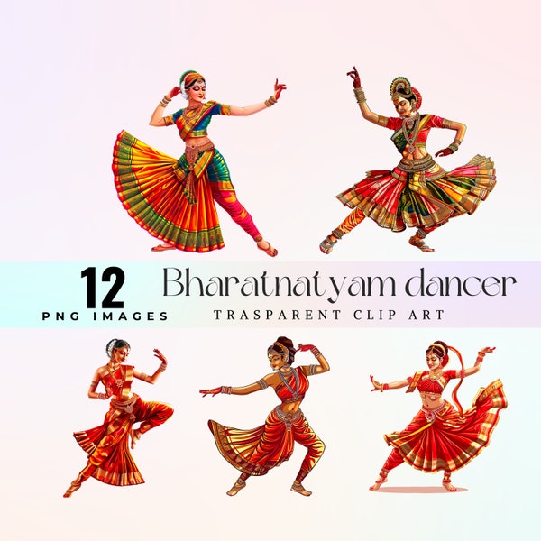 Graceful Bharatanatyam dancer clip art, watercolor classic Indian dance illustration PNG, joyful folk Asiatic beauty graphic art 300 DPI