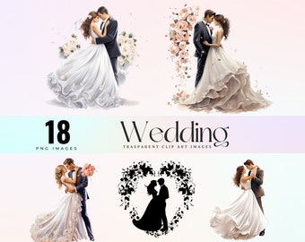 Watercolor Wedding Clip Art: Romantic Newlyweds PNG Bundle (Digital Print)