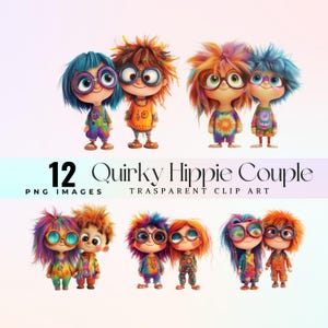 Imágenes prediseñadas de pareja hippie peculiar, ilustración de dúo bohemio chic excéntrico en acuarela PNG, arte gráfico de pareja de espíritu libre de dibujos animados divertidos, arte hippie