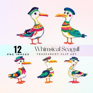 bella clip art di gabbiano colorato, illustrazione di gabbiano stravagante ad acquerello PNG, carina grafica di uccelli marini dei cartoni animati, bizzarra opera d'arte di gabbiani
