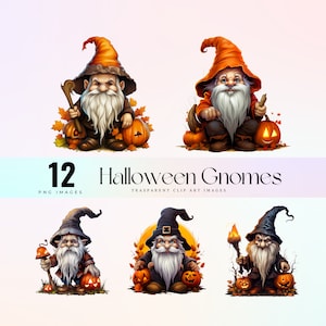 May include: A collection of 12 Halloween gnomes in various poses. Each gnome has a long white beard, a pointed hat, and is holding a pumpkin or other Halloween-themed items. The text "Halloween Gnomes" and "PNG Images" is also present.