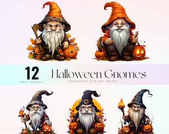 May include: A collection of 12 Halloween gnomes in various poses. Each gnome has a long white beard, a pointed hat, and is holding a pumpkin or other Halloween-themed items. The text "Halloween Gnomes" and "PNG Images" is also present.