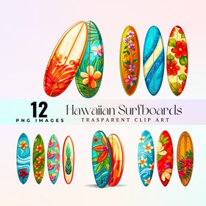 Clip art mignon de planches de surf hawaïennes, illustration PNG de vibrations de surf colorées à l'aquarelle, art graphique de planches de surf de dessin animé adorable, art amusant de surf