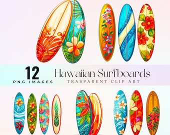May include: Twelve colourful Hawaiian surfboard clip art images. The surfboards are decorated with tropical flowers, leaves, and geometric patterns. The surfboards are isolated on a white background.