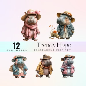 Clipart hippopotame tendance, aquarelle hippopotame moelleux en illustration de tenue en laine pastel PNG, art graphique pull hippopotame dessin animé doux 300 DPI