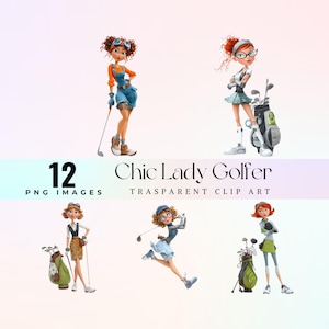 Chic Lady Golfer Clip Art, Cute golfing woman illustration PNG, cartoon adorable golf girl graphic art, classy golf outfit clip art