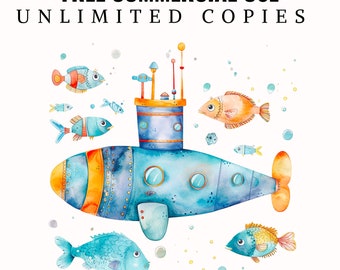Watercolor Submarine Clip Art: Whimsical Undersea PNG (digital