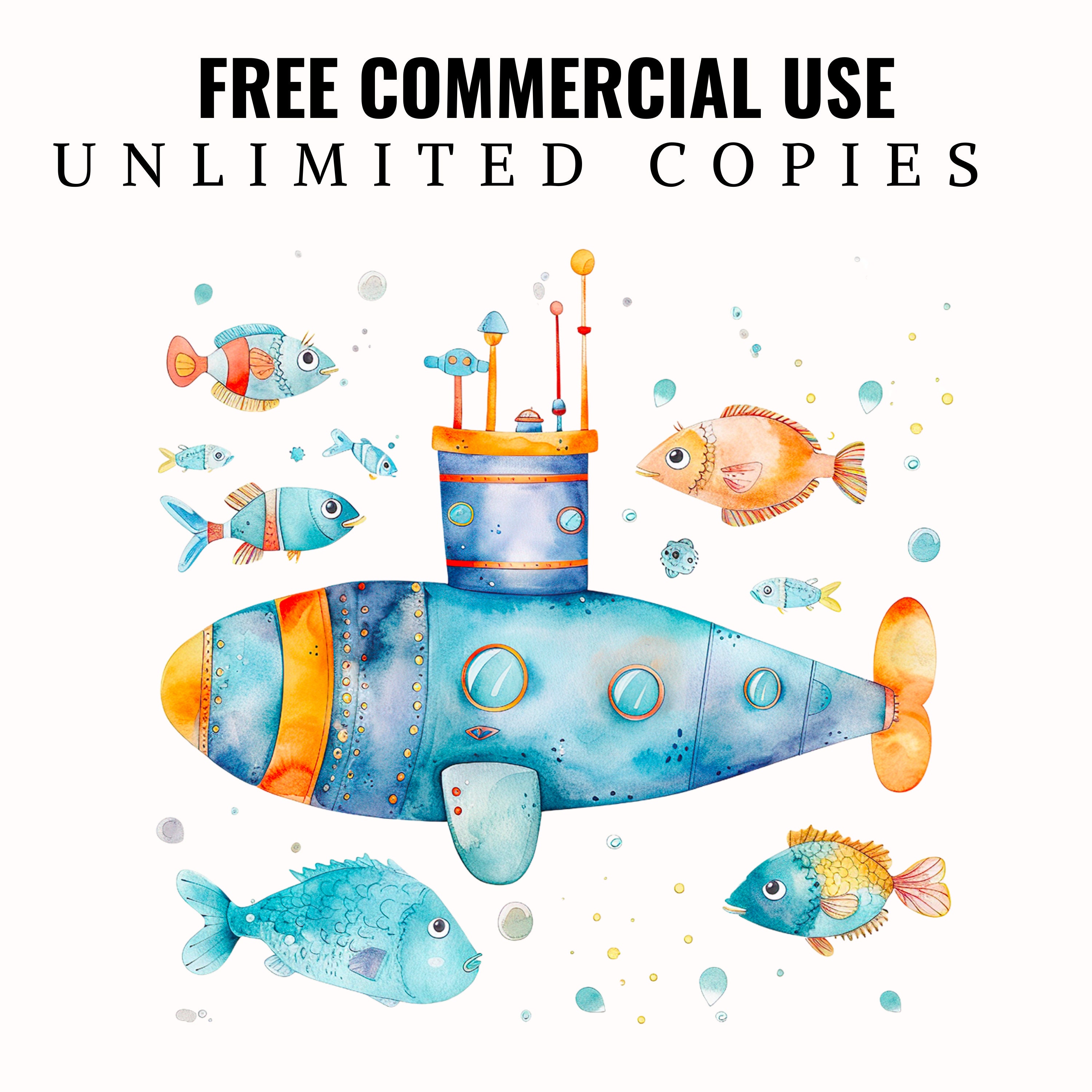 Watercolor Submarine Clip Art: Whimsical Undersea PNG (digital