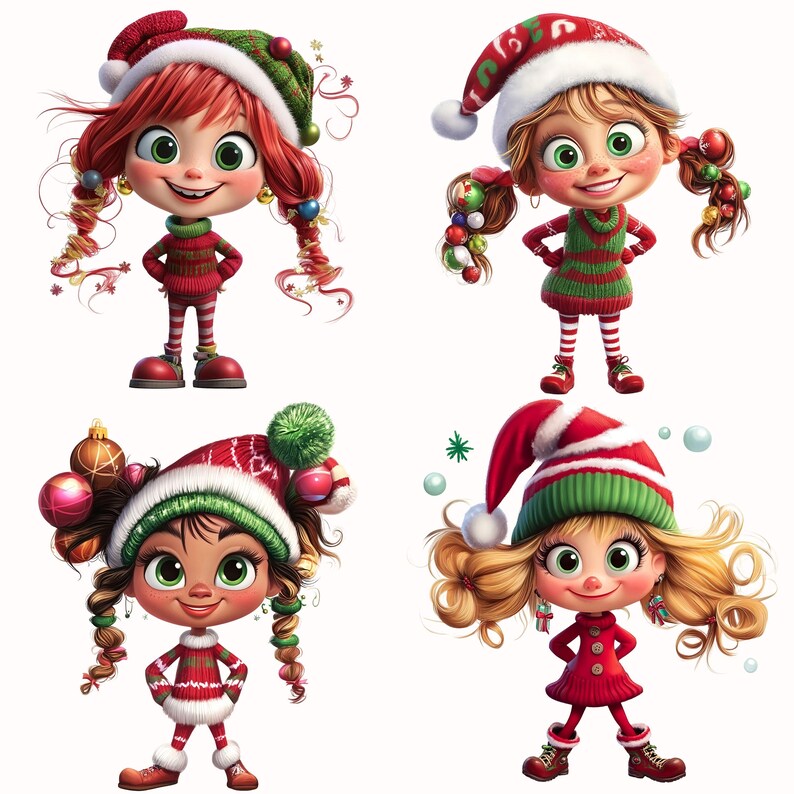 Puede incluir: Cuatro elfos de dibujos animados que llevan atuendos navide&ntilde;os rojos y verdes con sombreros y accesorios para el cabello festivos. Los elfos tienen ojos grandes y sonr&iacute;en.