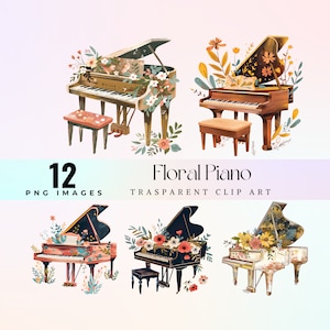 Clipart de piano floral bonito, ilustração de teclado de flor em aquarela PNG, arte gráfica de flor de piano doce, arte de melodias florais, arte melódica