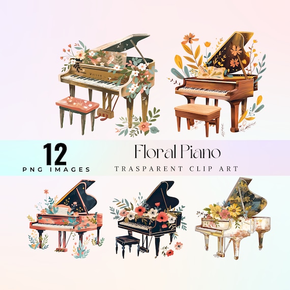 アート・デザイン・音楽 Foujita Grand fond blanc Watercolor Floral Piano Clip Art: Blossom Keyboard PNG (digital