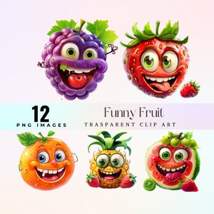 Funny Fruit Clipart: Watercolor Orchard PNG Graphics (Digital Download)