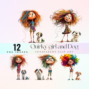 Clipart de una peculiar niña y un perro de dibujos animados, cabello arcoíris colorido, mascota adorable y caprichosa, ilustración infantil juguetona, descarga digital