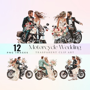 素敵な結婚式のバイクのクリップアート、水彩画のロマンチックな新婚バイカーのイラスト PNG、素敵なブライダルバイクのグラフィックアート、愛のアート