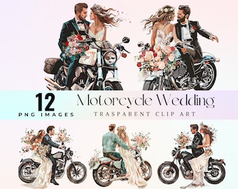 lovely wedding motorcycle clip art, watercolor romantic just married bikers illustration PNG, sweet  bridal motorbike  graphic art, love art