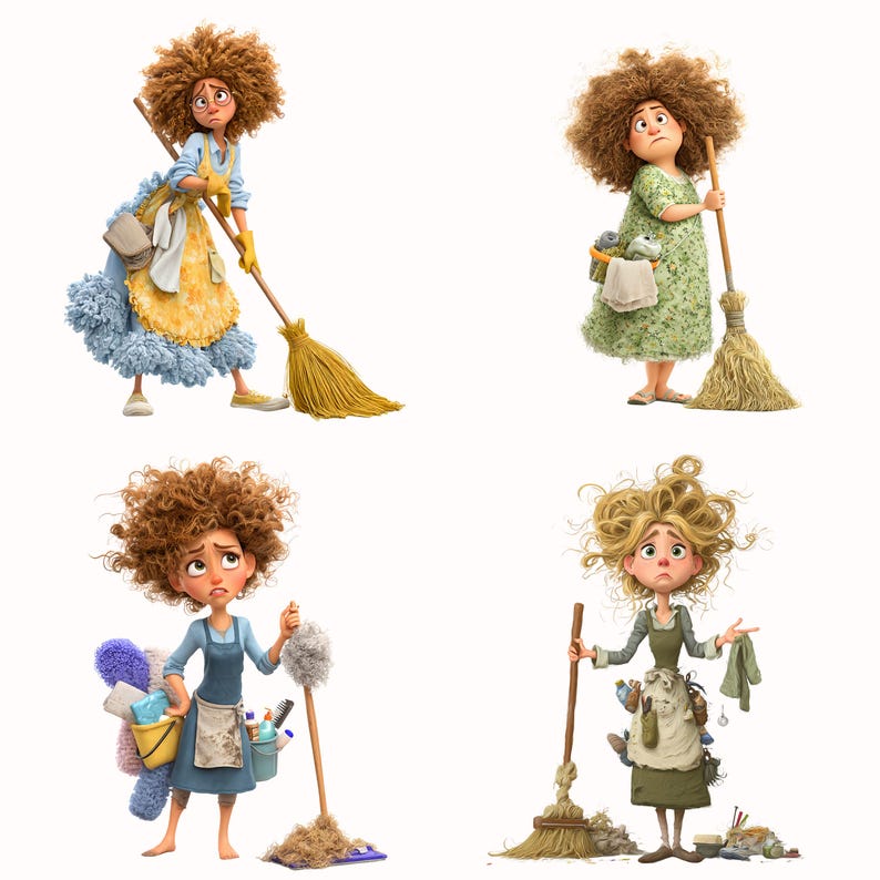 Whimsy Clean Whimsical Cleaning Woman Clipart: Funny Maid PNG, Junk Journal Stickers ...