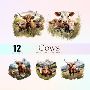 Cute Cows clip art, watercolor pastoral illustration PNG ,farm cows Images, wild cows graphics art , farm calf digital download png 300 dpi