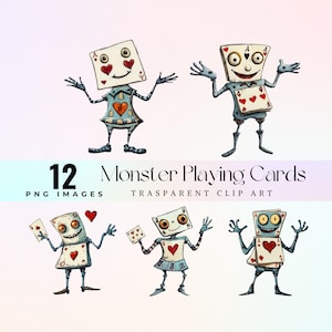whimsical monster playing cards clip art, watercolor funny card caricature illustration PNG, cartoon cool playing card  graphics art 300 DPI
