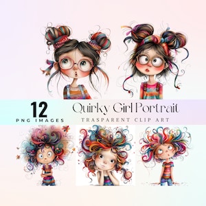 Quirky girl portrait clip art, watercolor eccentric tiny lady face illustration PNG, cartoon eccentric  gal graphic art,  quirkiness artwork