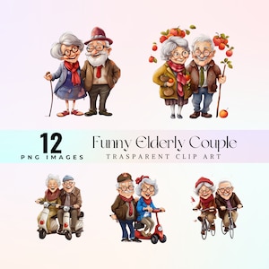 Imágenes prediseñadas de pareja de ancianos alegres, ilustración PNG de pareja de ancianos divertida en acuarela, arte gráfico de abuelos alegres, personas mayores felices y sonrientes