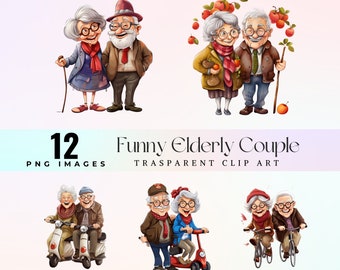 Watercolor Funny Elderly Couple Clip Art: Joyful Seniors PNG (Digital Download)