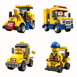 May include: A set of four yellow LEGO construction vehicles with minifigure drivers. The vehicles include a dump truck, a pickup truck, a construction truck, and a forklift. The minifigures are wearing yellow hard hats and blue shirts.