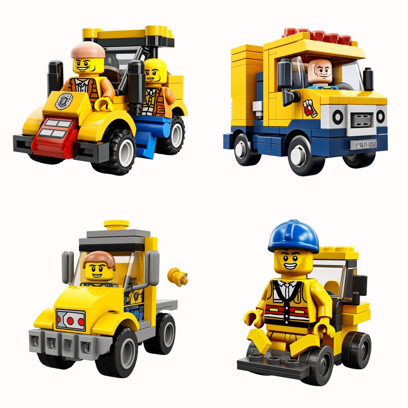 May include: A set of four yellow LEGO construction vehicles with minifigure drivers. The vehicles include a dump truck, a pickup truck, a construction truck, and a forklift. The minifigures are wearing yellow hard hats and blue shirts.