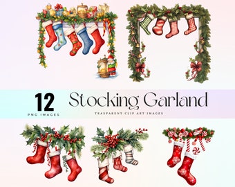 Hanging stocking garland decor clip art, watercolor Epiphany design PNG,Christmas Befana clip art, Hanging stocking graphics 300 dpi