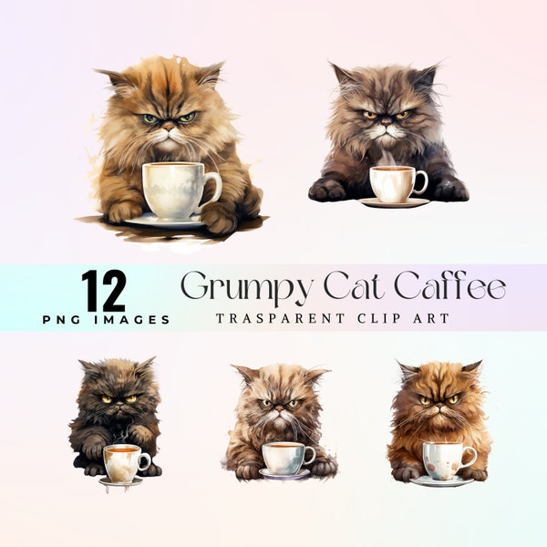 Watercolor Grumpy cat coffee clip art,  painting Grumpy purebred  Cats illustration PNG, good morning  clip art,  crazy  cat caffè art