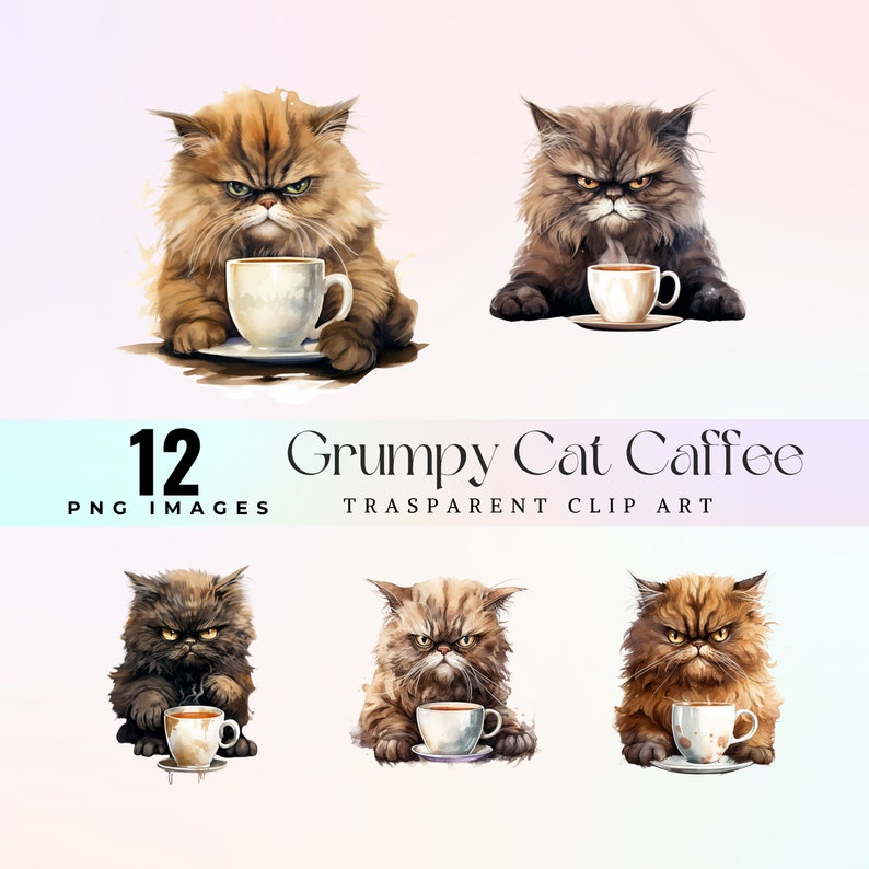 Watercolor Grumpy Cat Coffee Clip Art, Painting Grumpy Purebred Cats ...