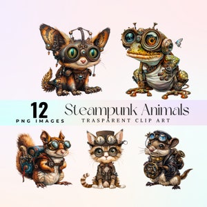 Cute steampunk animals clip art, watercolor quirky mechanical critters illustration PNG, whimsical cartoon creatures graphic art 300 DPI
