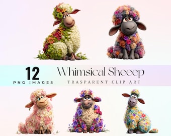 Flower Sheep Clipart, Whimsical Lamb Illustration, Nursery Art (PNG Digital Download)