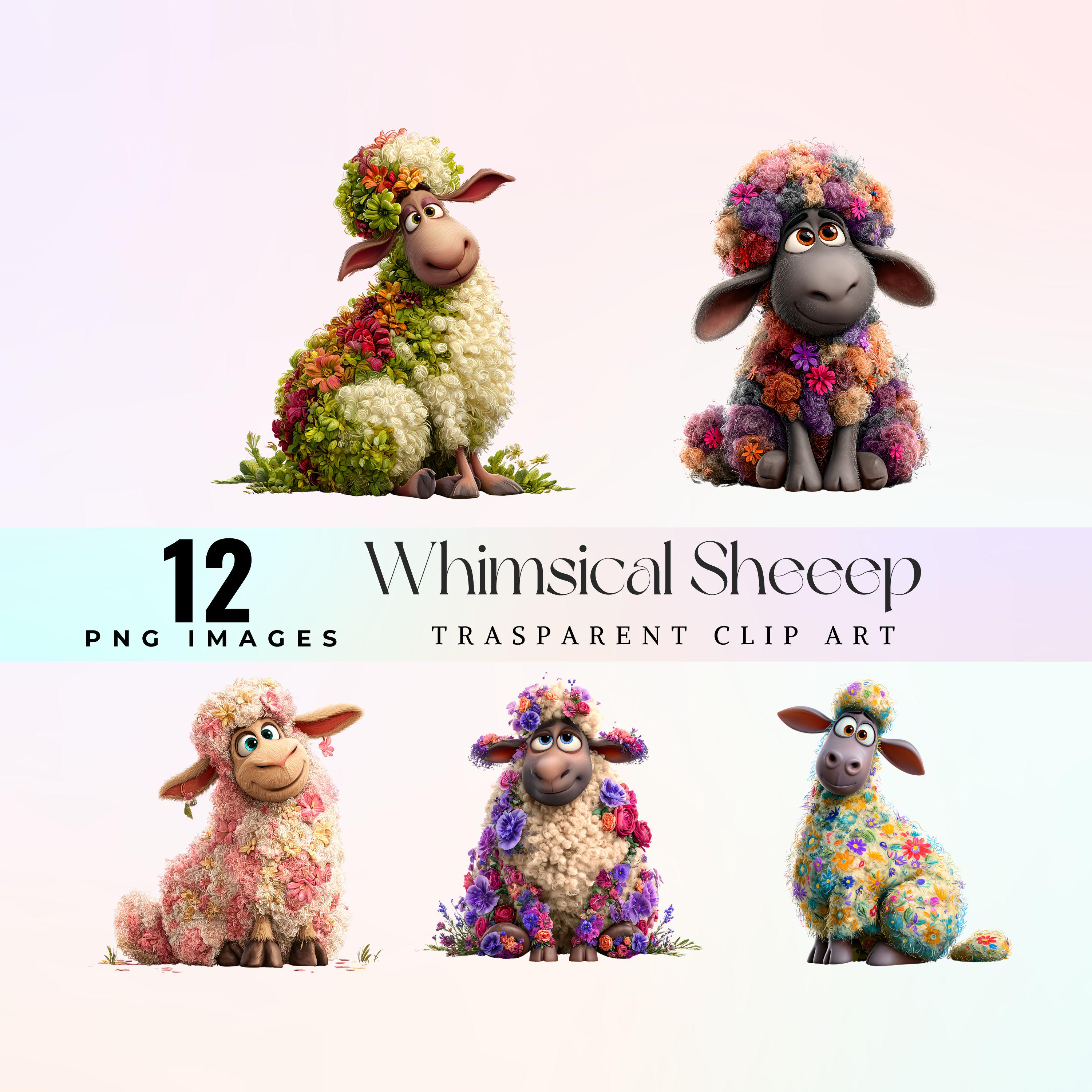 Flower Sheep Clipart, Whimsical Lamb Illustration, Nursery Art