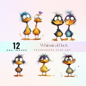 Whimsical ducks clip art, watercolor quirky duck caricature illustration PNG, cartoon hilarious quack graphic art 300 DPI, silly ducky fun
