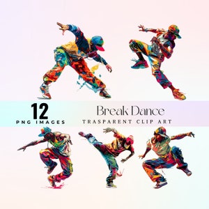 levendige clip art breakdance, aquarel schattige breakdancing iconen illustratie png, dynamische hiphop grafische kunst, coole urban dance-kunstwerken