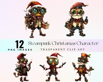 May include: Twelve digital illustrations of steampunk Christmas characters. The characters are wearing goggles, hats, and festive clothing. They are holding various objects, such as a gift box, a clock, and a wrench.