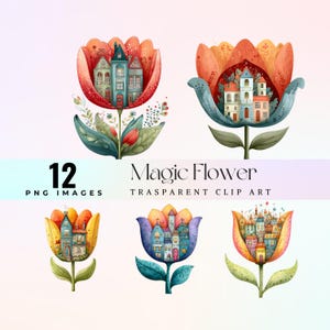 Clip art di fiori magici carini, illustrazione di una casa da sogno floreale fantasy in formato PNG, case delle fate nascoste tra i fiori, stampabili per lavoretti e adesivi