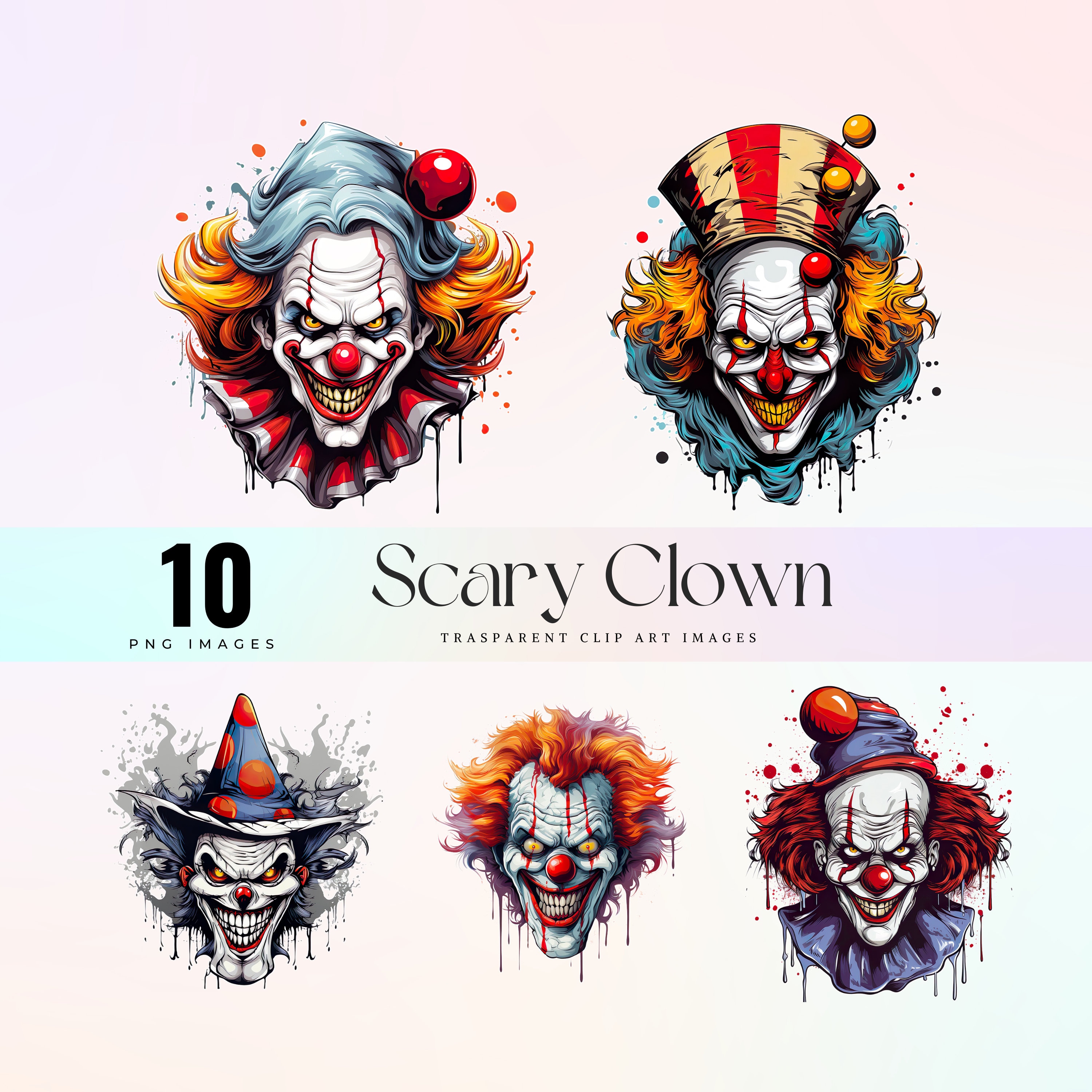 怖いピエロのクリップアート：不気味なサーカスのPNGイラスト