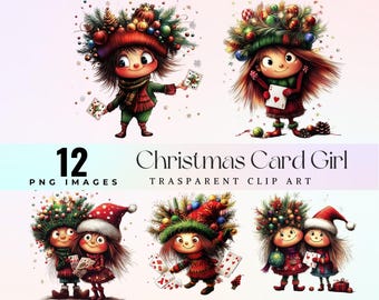 Watercolor Christmas Card Girl Clipart: Holiday PNG Graphic (Digital Download)