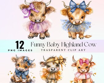 funny sweet baby highland cow clip art, watercolor adorable tutu calf illustration PNG, lovely pastel classical dance  tiny cow graphic art