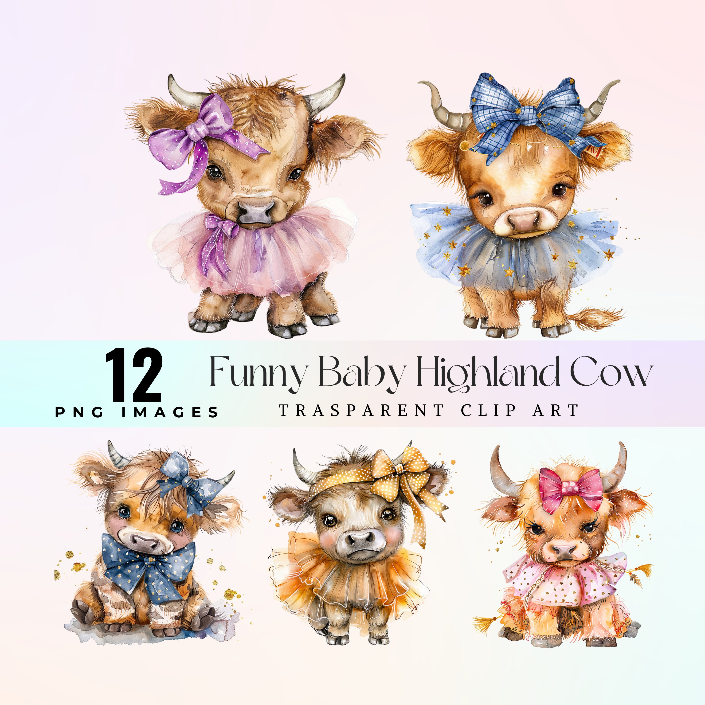 Watercolor Baby Highland Cow Clip Art: Tutu Calf PNG (digital Download ...