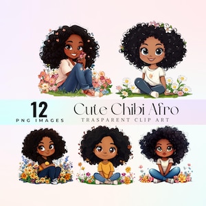 Cute Chibi Afro Girl Clipart, Adorable Curly Hair Cartoon PNG, Kawaii Black Girl Digital Art, Cute Natural Hair Illustration Download