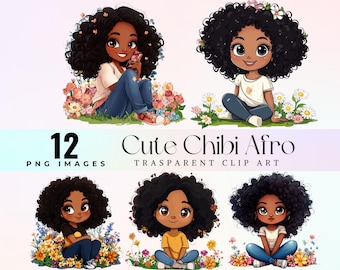 Chibi Afro Girl Clipart, Curly Hair PNG, Illustration (Digital Download