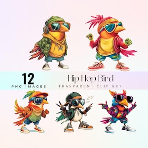 Bunter Hip Hop Vogel Clipart, cooler Urban Rapper PNG, flippiges Streetwear-Tierbild, trendiger DJ-Vogel mit Turnschuhen und Kopfhörern