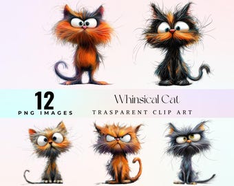 Grillige kat-illustraties: eigenzinnige kitten png-afbeeldingen (digitale download)