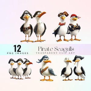 Clip art di gabbiani pirata stravaganti, illustrazione di uccelli marini nautici giocosi in formato PNG, grafica di gabbiani bucanieri divertenti dei cartoni animati, predatore del mare