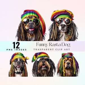 Könnte beinhalten: Ein Set mit 12 digitalen Bildern, die Hunde zeigen, die bunte Hüte und Dreadlocks tragen. Die Hunde tragen Sonnenbrillen und haben einen verspielten Ausdruck. Die Bilder sind mit "Funny Rasta Dog" und "Transparent Clip Art" beschriftet.