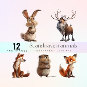 Clip art divertenti animali scandinavi, illustrazioni di animali nordici carini, clipart di fauna polare carina, clipart stravaganti degli amici della foresta png