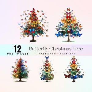 Schattige kerst vlinder boom illustraties, aquarel kleurrijke feestelijke papillon plant illustratie png, artistieke vakantieboom grafische kunst