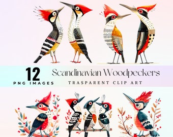 Watercolor Scandinavian Woodpeckers Clip Art: Nordic Bird PNG (Digital Download)